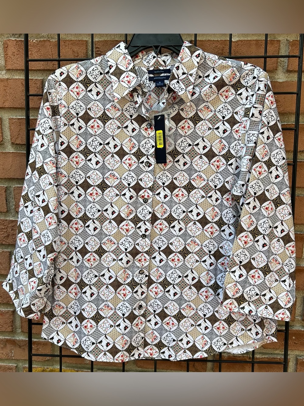Westbound White Geometric Floral Button-Down Shirt with Brown and Red Accents